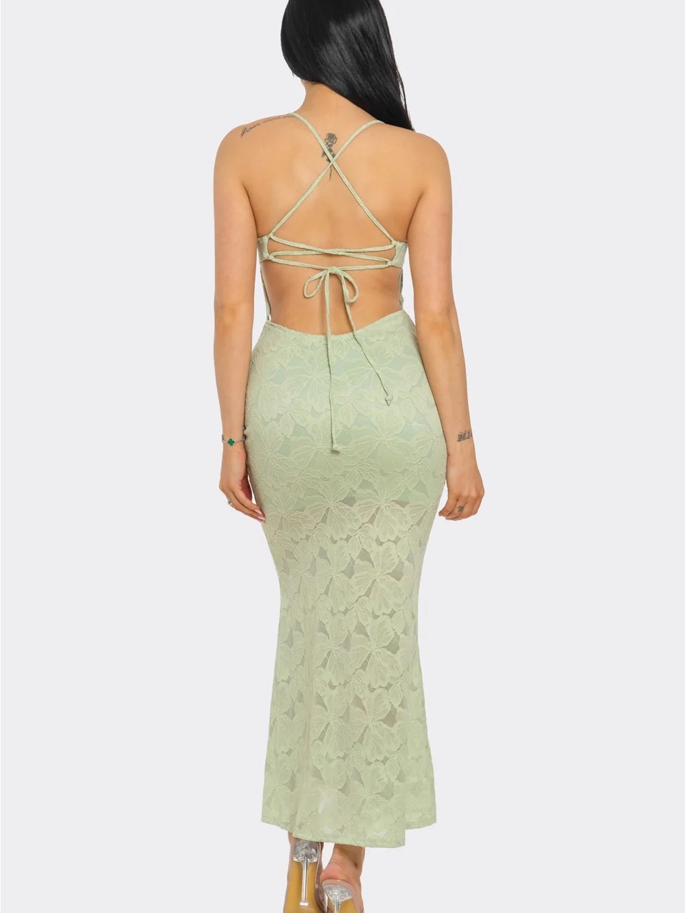 Sage Green Lace Dress with Open Back